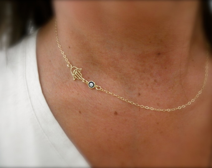 Gold hamsa hand and blue evil eye necklace -14k gold-filled chain - hand of fatima- filigree hamsa hand