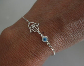Hamsa hand bracelet with evil eye charm on sterling silver chain