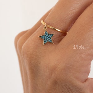 Turquoise star ring - dangle star ring - celestial ring - cz star - Pave star - large star dangle - dangle rings