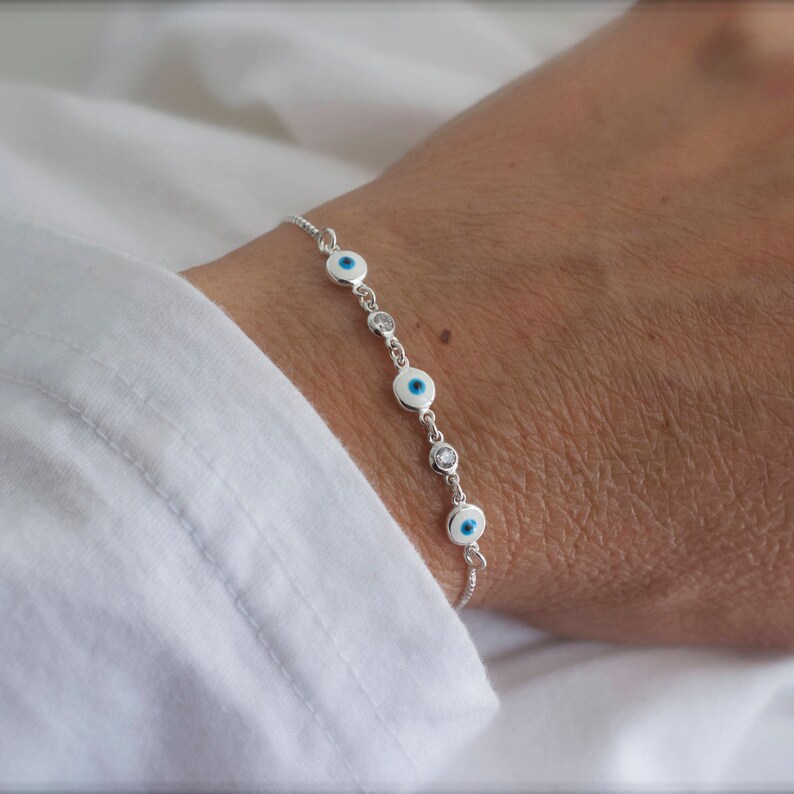Pulsera de mal de ojo con dijes de circonita cúbica - plata de ley 925 - pulsera de mal de ojo ajustable - pulsera de mal de ojo pequeña - mini mal de ojo - imagen 1