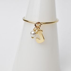 Initial dangle ring with pearl - 14K gold-filled