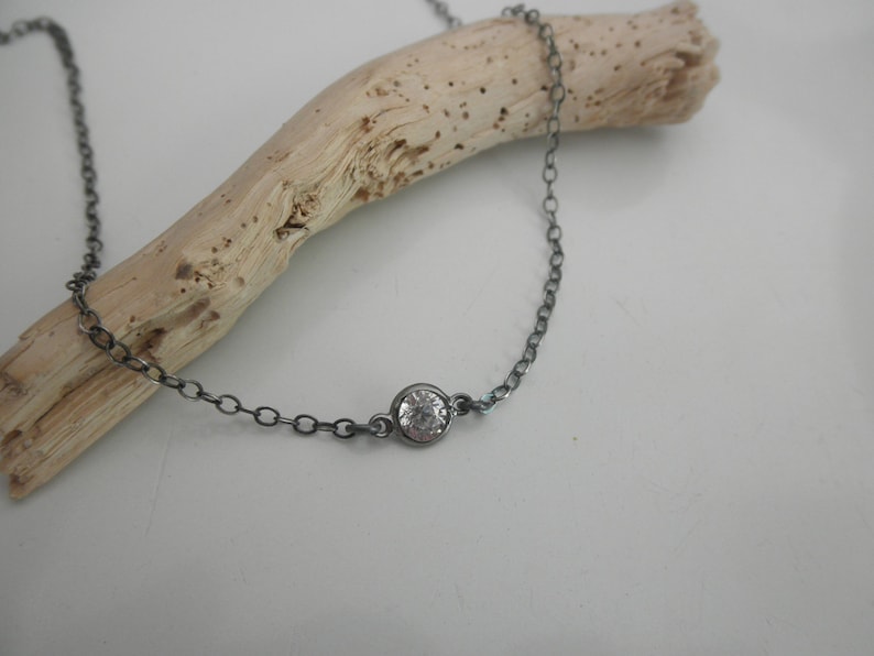 Solitaire CZ oxidized choker sterling silver