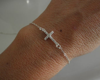 CZ sideways cross bracelet on sterling silver chain