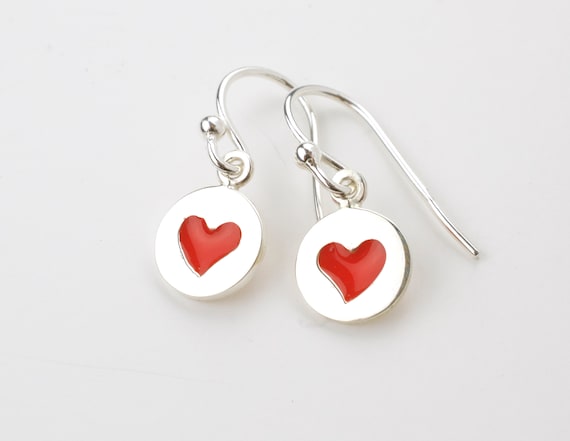 Red Heart Earrings Heart Earrings 925 Sterling Silver Red Enamel