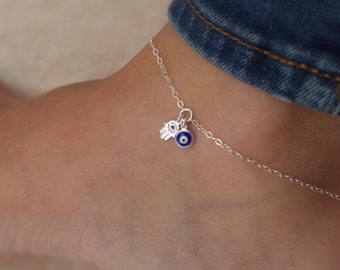 Hamsa evil eye anklet - mini hamsa and evil eye - protection ankle bracelet - tiny charms anklet - evil eye hamsa anklet