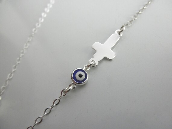 Cross and Blue Evil Eye Necklace on Sterling Silver Chain UK