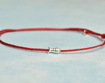 Sterling Silver Tiny Fish Bracelet: Minimalist Red String, Adjustable
