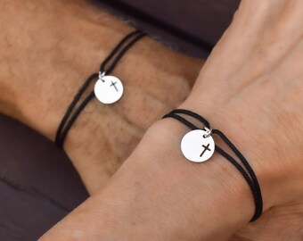 Couples Cross Medallion Adjustable Bracelet Set - Religious Christian Catholic Matching Pair Gift