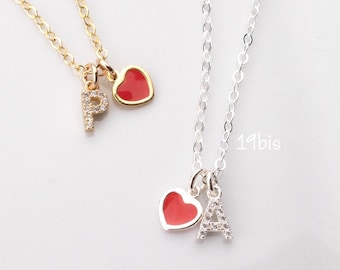 Initial Necklace necklace with red heart - Valentines gift