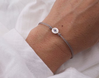 CZ Pave Evil Eye Bracelet – Sterling Silver, Adjustable Silk Cord