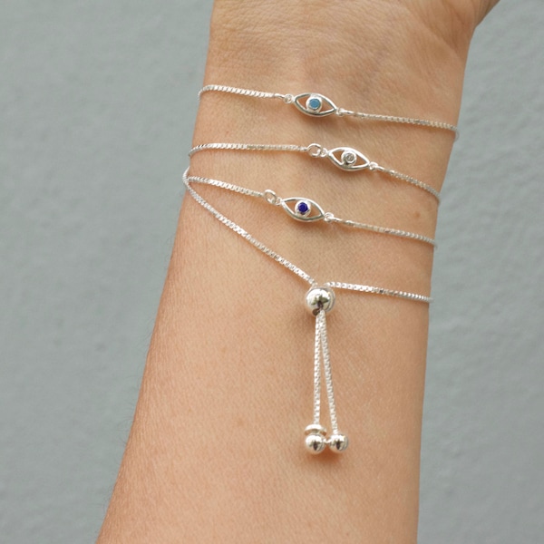 CZ evil eye adjustable bracelet  -sterling silver -  tiny evil eye bracelet - mini evil eye - protection bracelet -