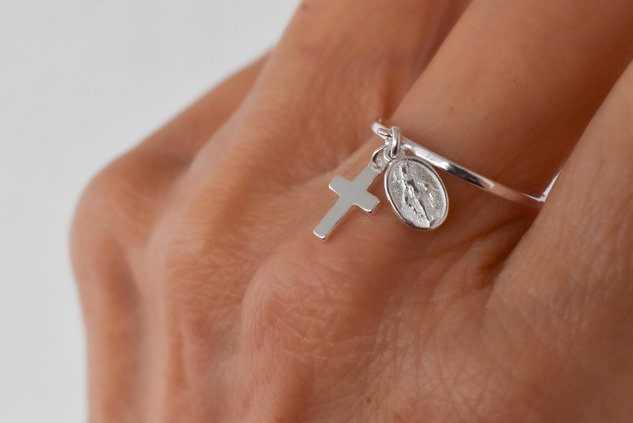 Virgin Mary Cross Ring - Dangle Ring - Tiny Cross - Religious Ring