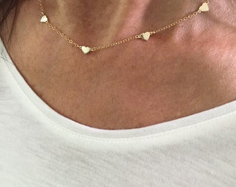 Station hearts necklace - mini heart necklace - gold vermeil heart  - 14K gold-filled chain -  - teeny tiny heart - station necklace