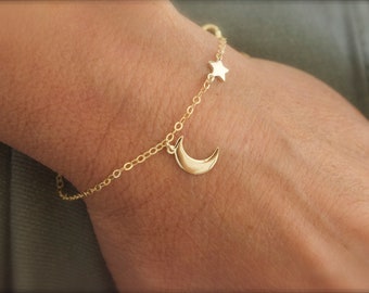Moon  star bracelet -  celestial jewelry - dangle moon -silver moon  star bracelet -  gold moon star bracelet - rose gold moon star