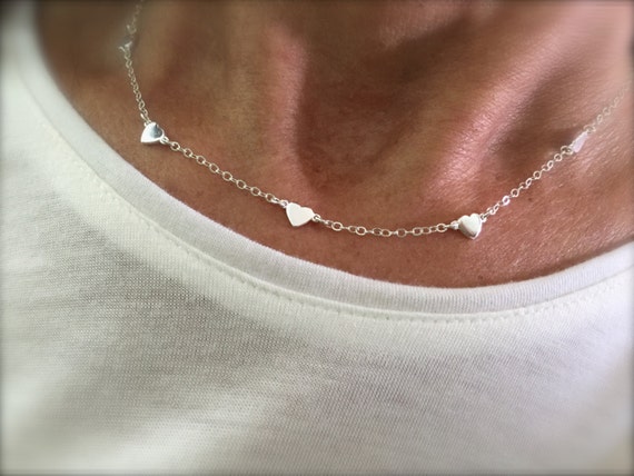 Simple Mini hearts choker jewelry.Tiny heart Station Necklace rose gold heart Jewelry Delicate Dainty Necklace Station Hearts necklace