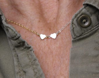 Twin Hearts Two Tone Necklace Silver Gold Minimalist Jewelry Valentine Gift For Her