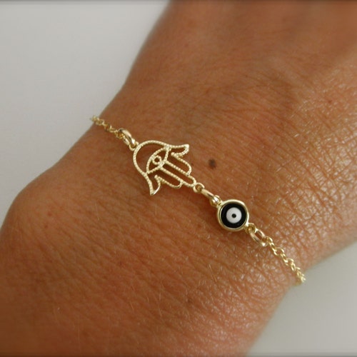 Gold Hamsa Hand With Blue Evil Eye Bracelet 14K Goldfilled Etsy