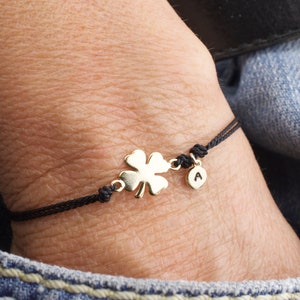 lucky clover bracelet  with initial  - 4 leaf clover - silk cord bracelet - adjustable - personalized  -  St Patricks day - friendship