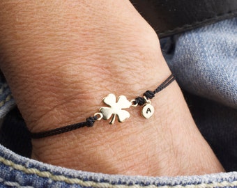 lucky clover bracelet  with initial  - 4 leaf clover - silk cord bracelet - adjustable - personalized  -  St Patricks day - friendship