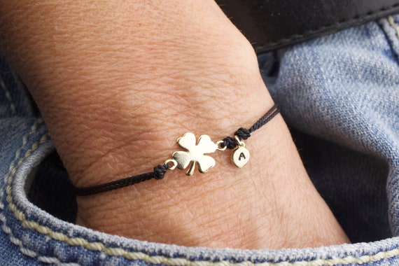 Lucky Clover Bracelet With Initial 4 Leaf Clover Silk Cord