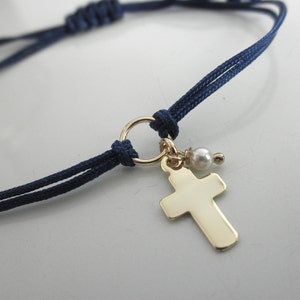 Cross bracelet with pearl - dangle gold cross bracelet - religious - adjustable cross bracelet  -