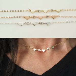 Tiny hearts necklace with cz charms - mini hearts necklace - valentines - silver heart necklace - gold heart necklace - rose gold heart