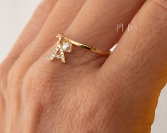 CZ Initial Ring with Dangle pearl - personalized gift jewelry