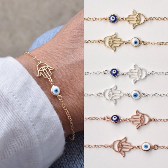 Personalized custom made hamsa hand bracelet or anklet with script initial  in Sterling Silver, white gold, rose gold or yellow gold.