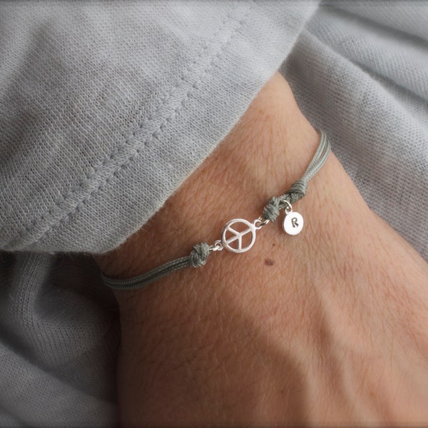Peace symbol bracelet with initial - adjustable  -personalized - customized - tiny peace bracelet - mini peace sign bracelet - Christmas