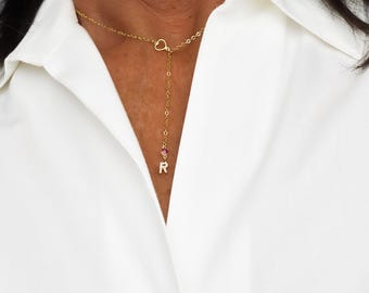 Birthstone Initial lariat style Necklace with heart