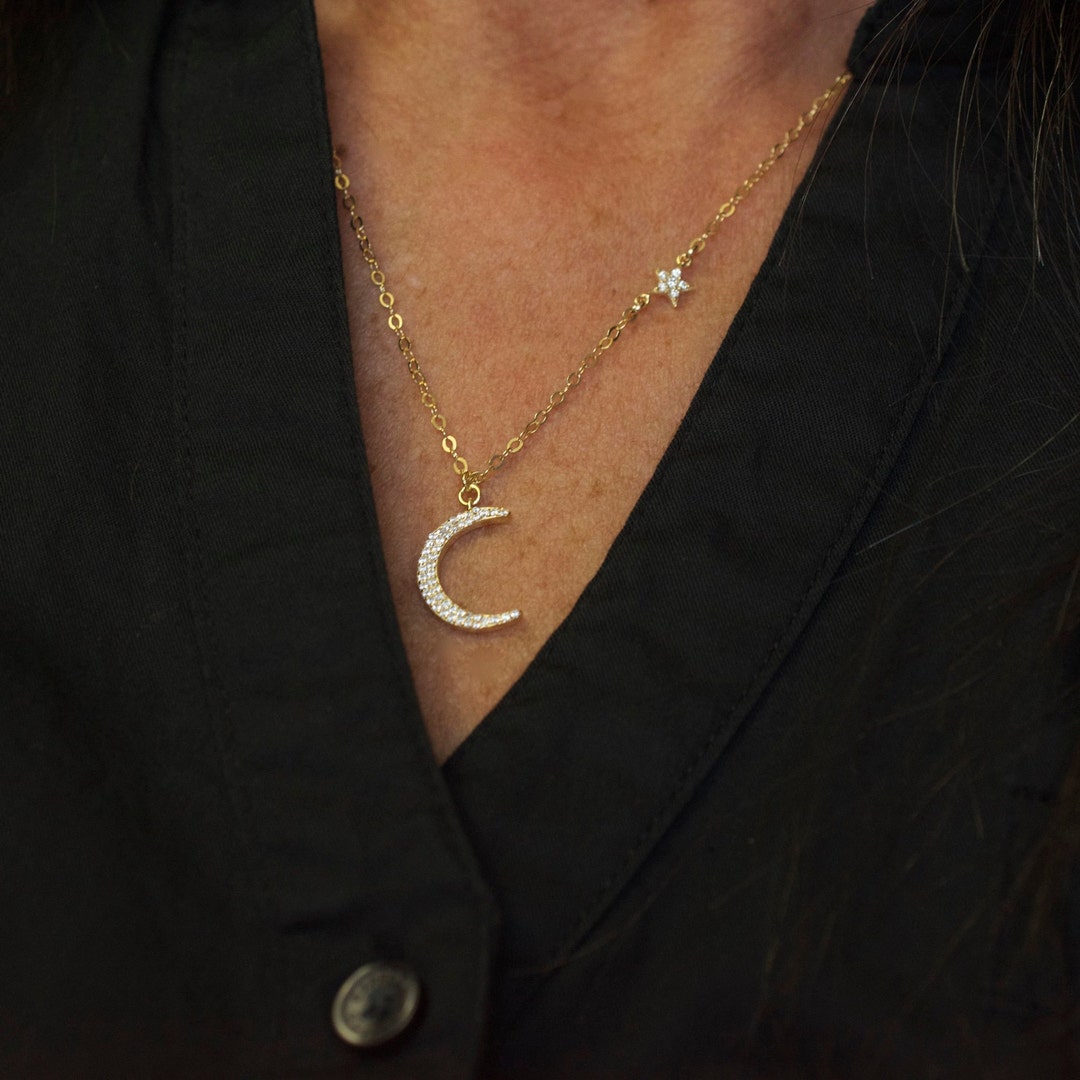 CZ Moon Star Necklace - Celestial Jewelry - Dangle Moon - Silver - CZ ...