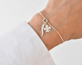 Sterling Silver Italian Horn Bracelet with lucky clover charm