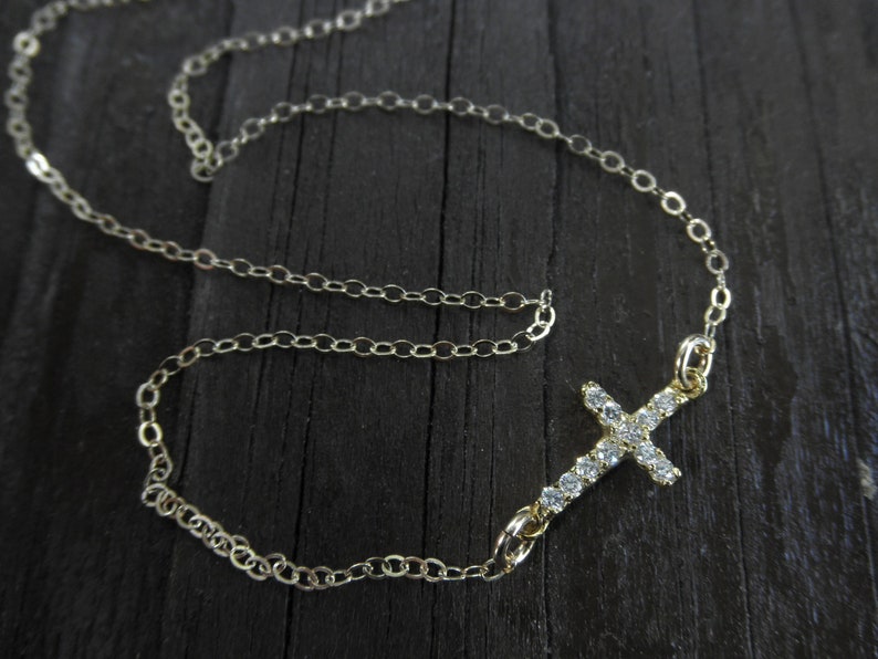 CZ sideways vermeil cross anklet bracelet on goldfilled chain