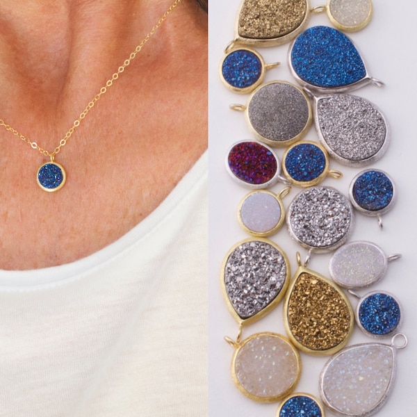 Druzy pendant necklace - drusy stone - shiny pendant - statement necklace - round druzy - oval druzy - teardrop druzy