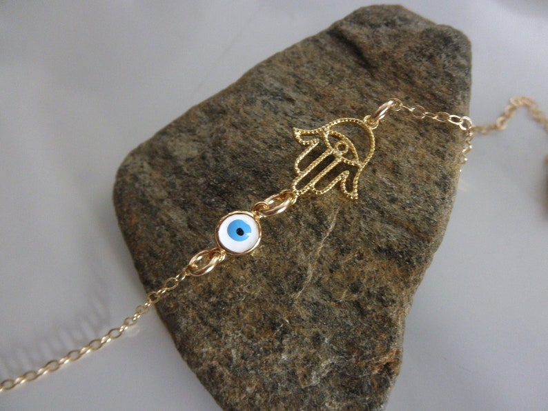 Gold hamsa hand anklet and evil eye anklet 14K gold-filled chain hand of fatima anklet hamsa ankle bracelet image 2