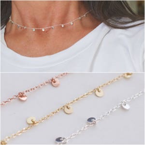 Tiny disc necklace - shimmer necklace -trendy disc station necklace - mini disc charms - rose gold - gold - silver