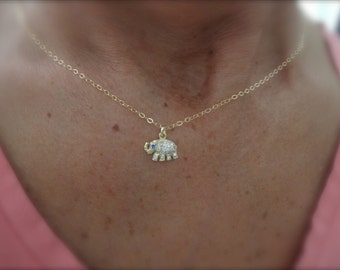 Gold zircon elephant necklace - elephant pendant - elephant cz charm - 14K goldfilled chain