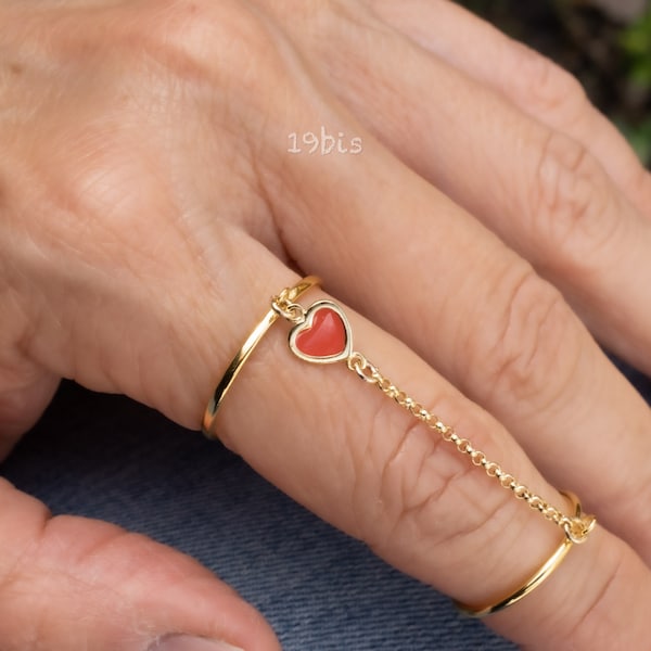 Double red heart ring  - heart jewelry - rollo chain ring - chain double ring - slave ring - valentines gift