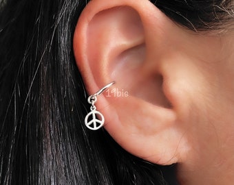 Sterling Silver Peace Sign Ear Cuff - No Piercing Dangle Earring