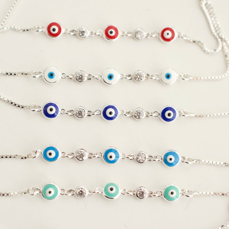 Pulsera de mal de ojo con dijes de circonita cúbica - plata de ley 925 - pulsera de mal de ojo ajustable - pulsera de mal de ojo pequeña - mini mal de ojo - imagen 3