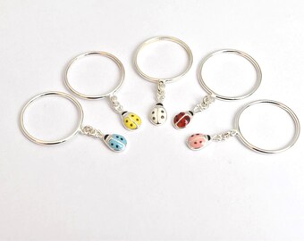 Enamel lucky Ladybug  Ring - Insect dangle Jewelry Spring Trendy - red turquoise white yellow pink