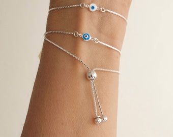 Evil eye adjustable bracelet  -sterling silver -  tiny evil eye bracelet - mini evil eye - protection bracelet -