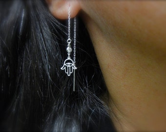 Hamsa hand and cz charm ear thread earrings  - hamsa hand earrings -  long cz ear thread earrings- rose gold -silver - gold