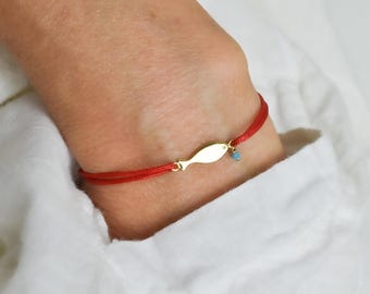 Adjustable Fish string Bracelet with tiny turquoise dangle -silver , gold