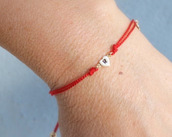 Initial heart bracelet  - silk cord bracelet - customized bracelet - personalized jewelry -stamped initials - silver - gold - rose gold
