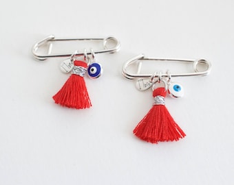 Sterling Silver Baby Safety Pin: Evil Eye, Red Tassel - Protection Gift