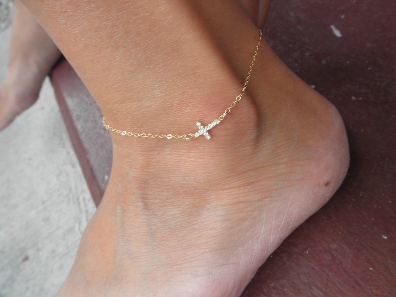 CZ sideways vermeil cross anklet bracelet on goldfilled chain