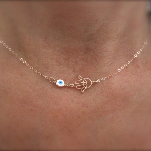 Rose gold Hamsa hand and evil eye necklace - 14K rose gold-filled chain - evil eye jewelry - hand of Fatima jewelry - protection necklace