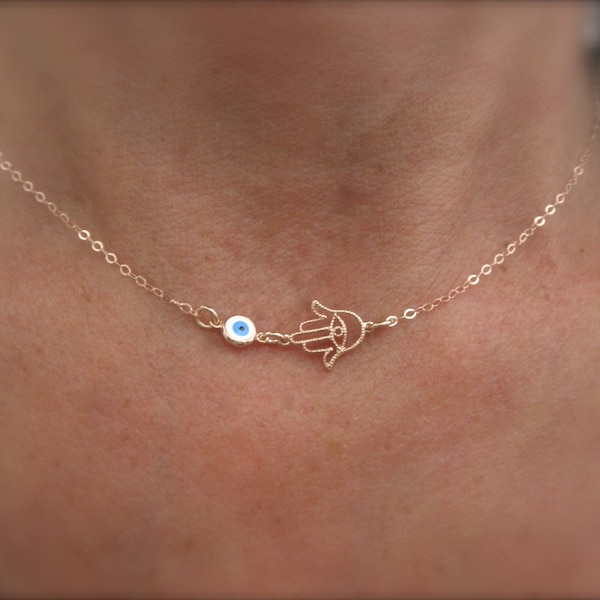 Roségouden Hamsa-hand en boze oog-ketting - 14K roségoud gevulde ketting - boze oog-sieraden - hand van Fatima-sieraden - beschermingsketting