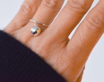 Sterling Silver Dangle Ball Ring - Minimalist Statement Ring